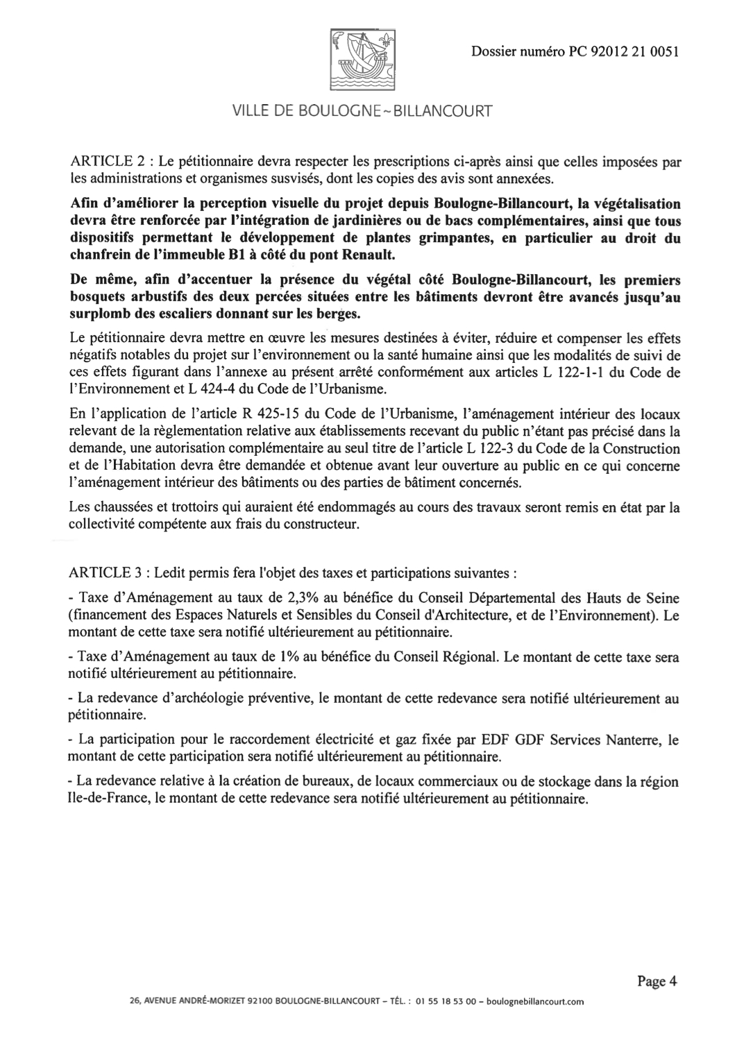 Arrêté du Permis construire Bouygues-Vivaldi N°92012 21 0051 Article 2 et 3 page 4