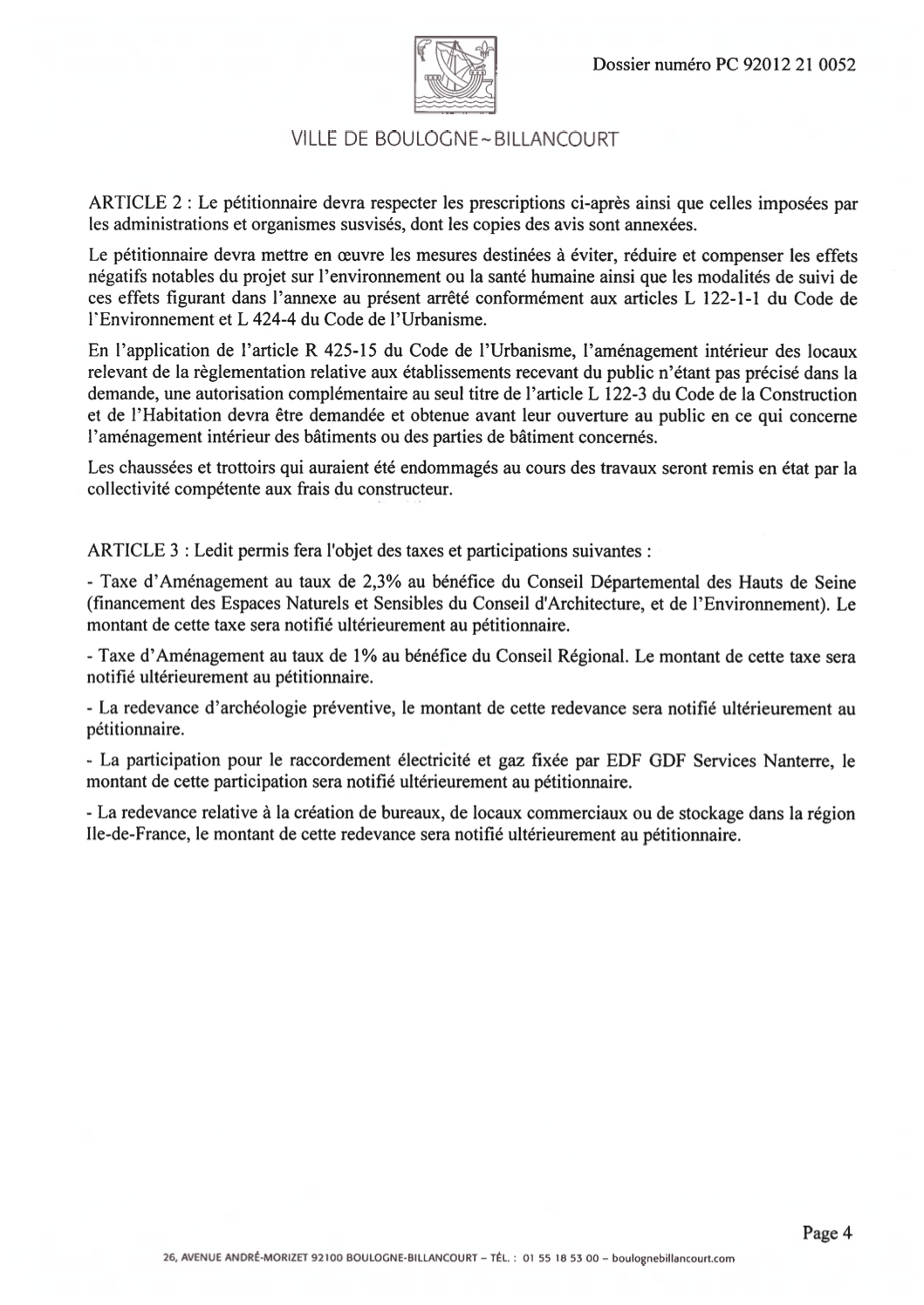 Arrêté du Permis construire Bouygues-Vivaldi N°92012 21 0052 Article 2 et 3 page 4