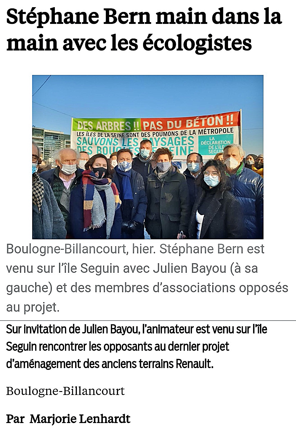 Le Parisien - S.Bern et J.Bayou à la rencontre des Signataires de la Déclaration de l'Île Seguin 10-02-2021