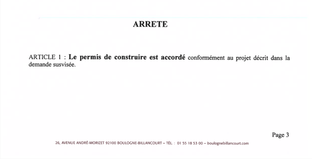 Arrêté du Permis construire Bouygues-Vivaldi N°92012 21 0051 Article 1 page 3