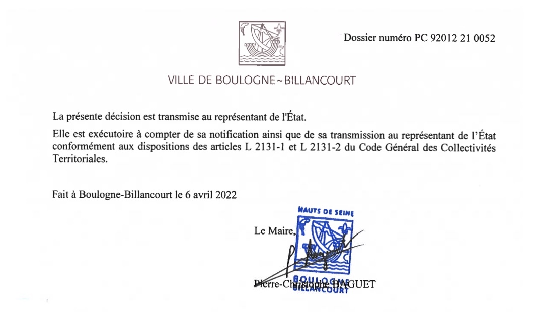 Arrêté du Permis construire Bouygues-Vivaldi N°92012 21 0052 Signature du Maire page 5
